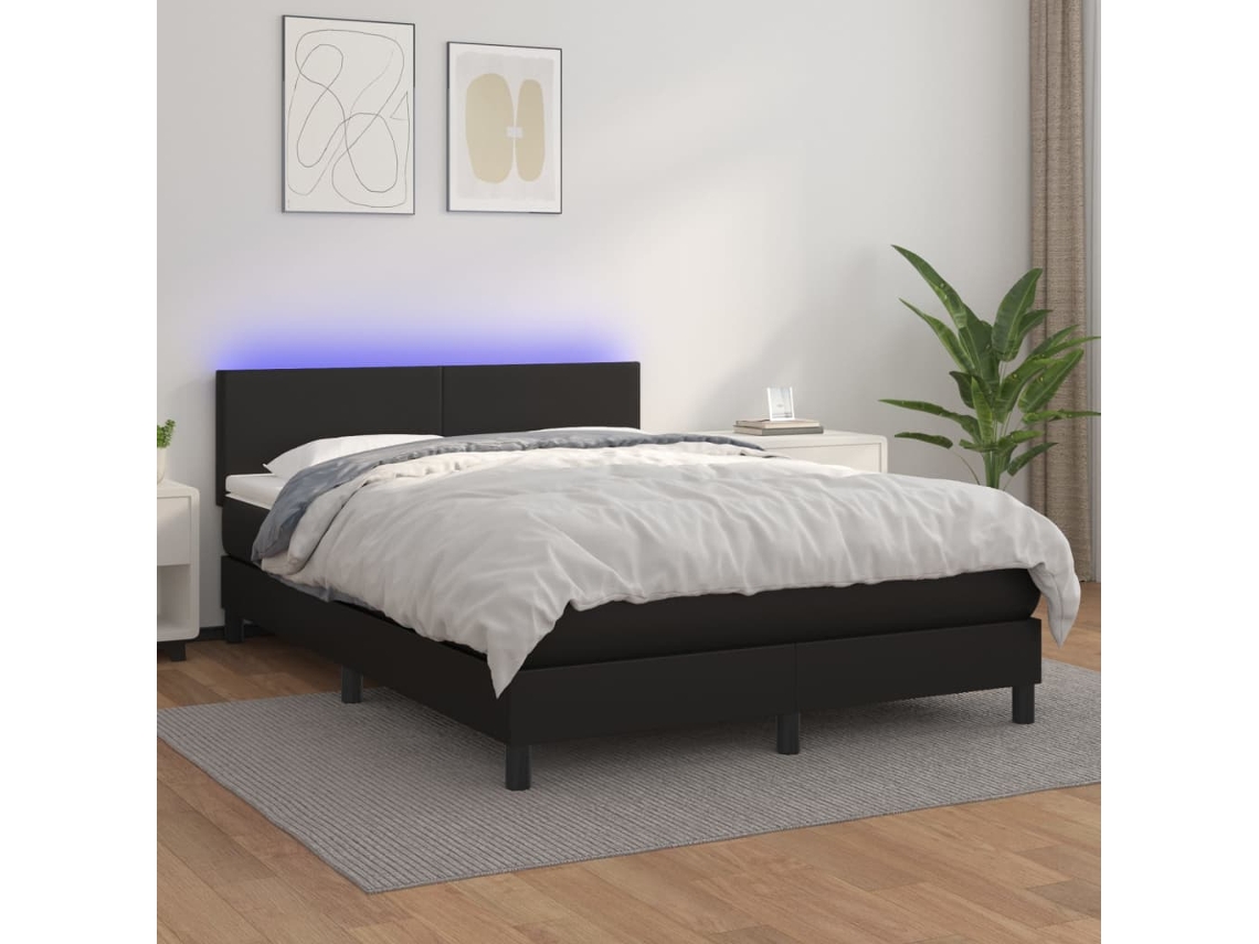 Cama Box Spring C/ Colchão/led 140x200cm Couro Artificial Preto