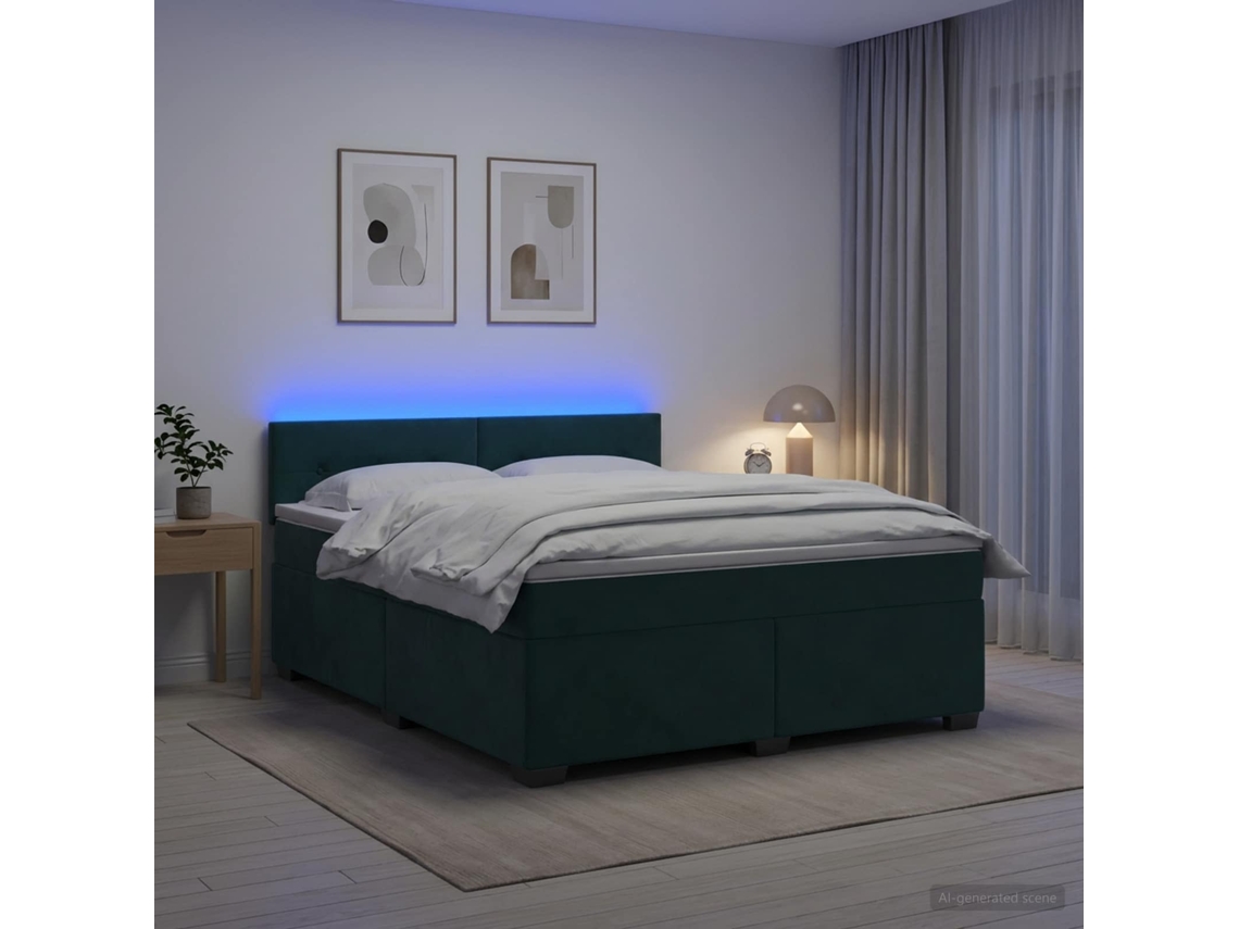 Vidaxl Cama Box Spring Com Colchão E Led Verde-escuro 140 X 200 Cm