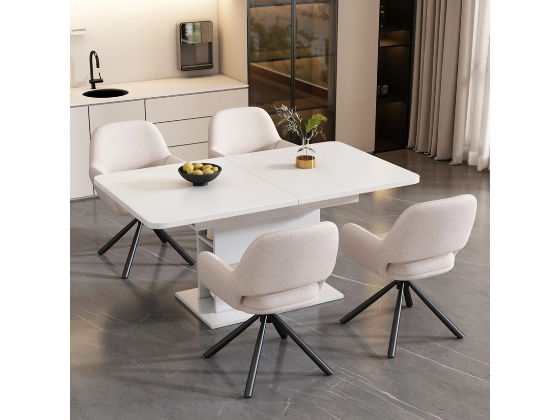 Conjunto Sala Jantar Mesa E 4 Cadeiras, Cadeiras Veludo Sherpa, Mesa Jantar Extensível Funcional