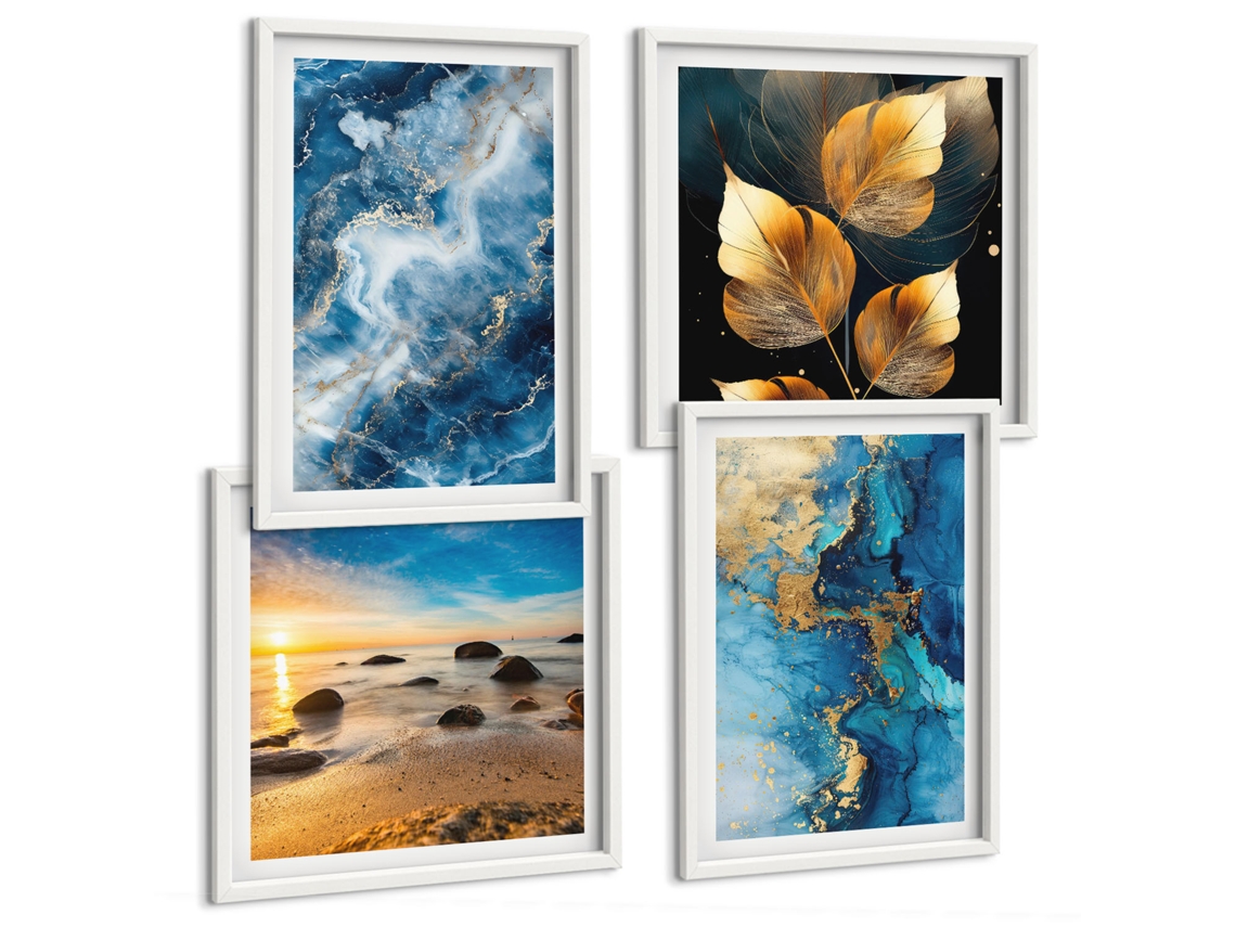 Composição De Quadros Padrões Abstratos Azuis Moldura Branca Pinturas De Quarto Espelharte (conjunto De 4 Imagens)