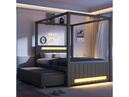 Cama De Casal 140x200 Cm Cinza Com Berço Gavetas Iluminação Led
