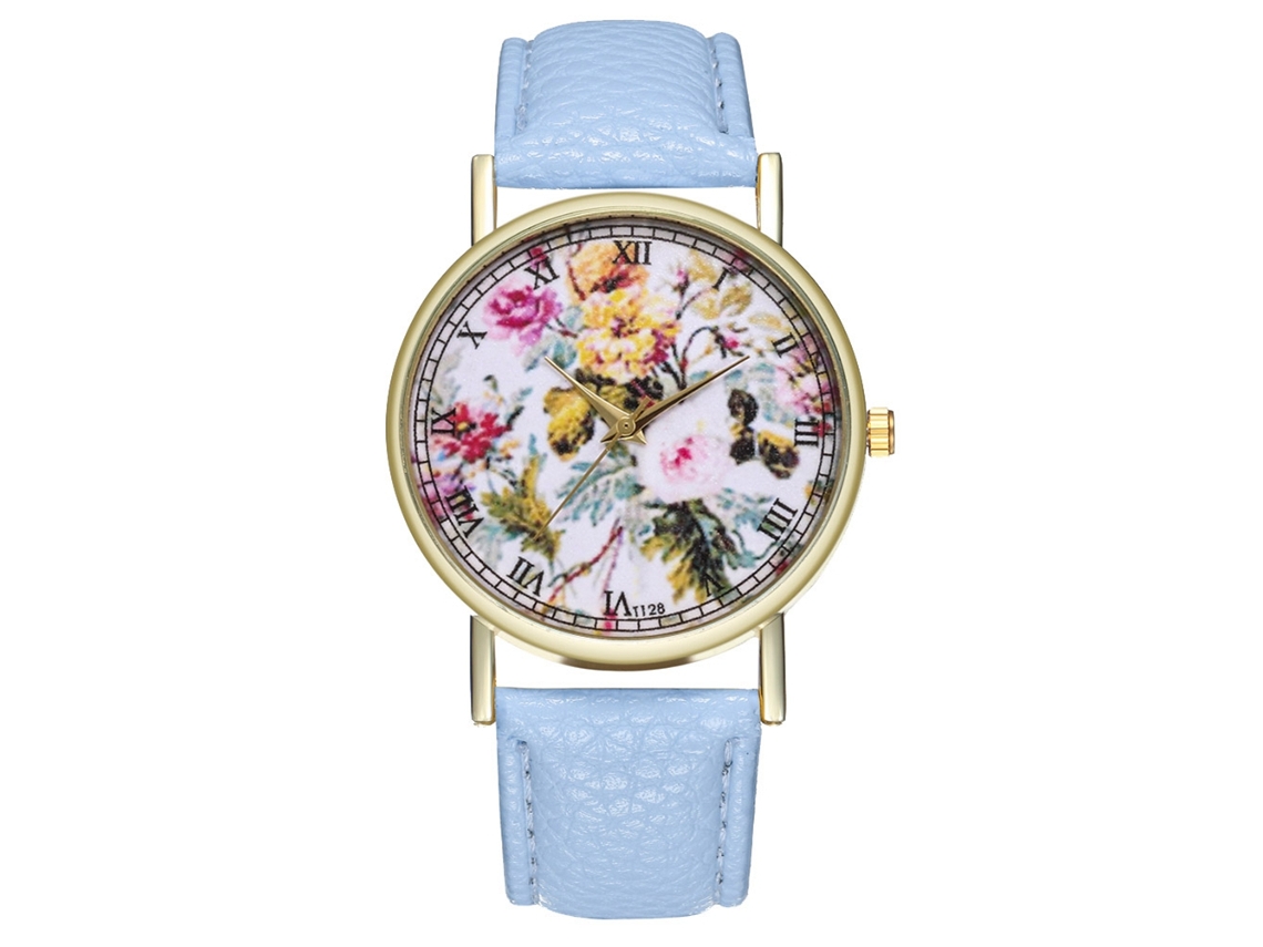 Relógio de Pulso Feminino de Quartzo com Pulseira de Couro Pu Estilo Simples Azul Claro