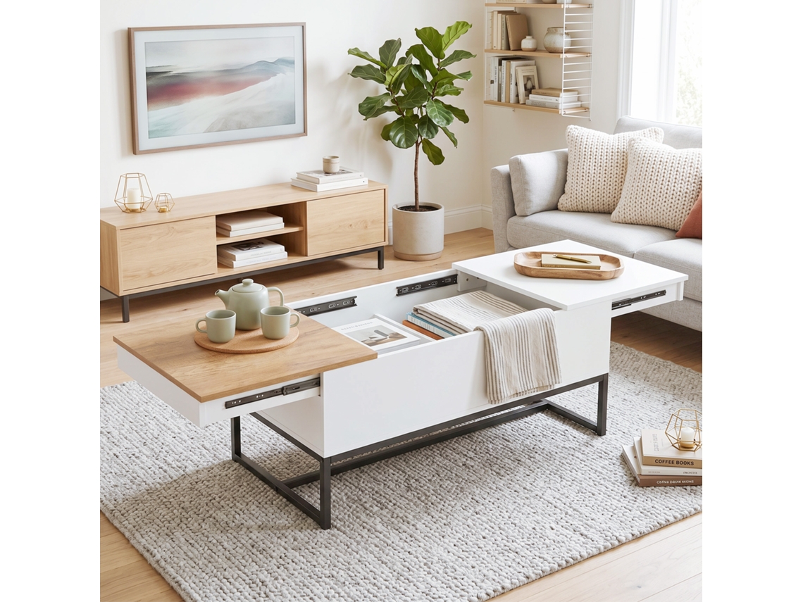 Mesa De Centro Em Aço, Extensível, Branco