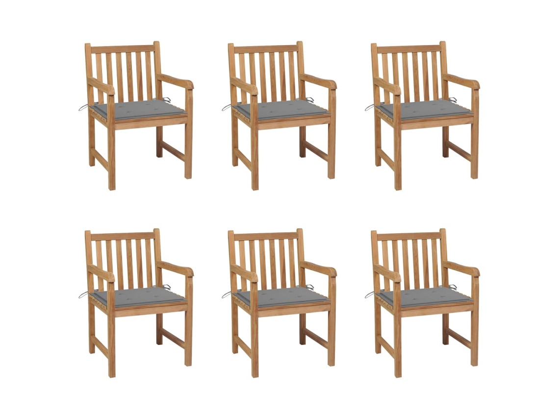 Vidaxl Cadeiras De Jardim C/ Almofadões Cinzentos 6 Pcs Teca Maciça
