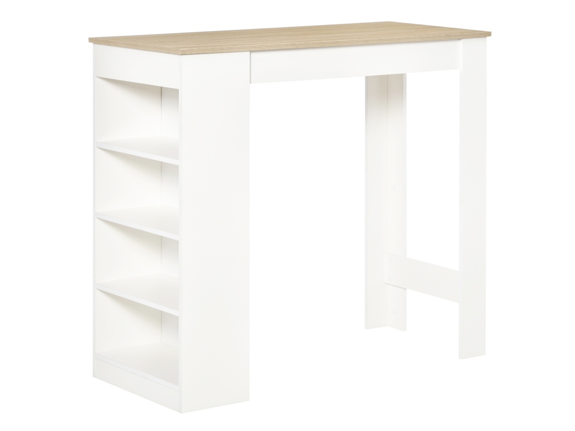 Mesa de Bar para 2 Pessoas, Mesa Alta com 4 Prateleiras Abertas, 115x50x102,7cm, Branca e Madeira Natural. CHEZMOI