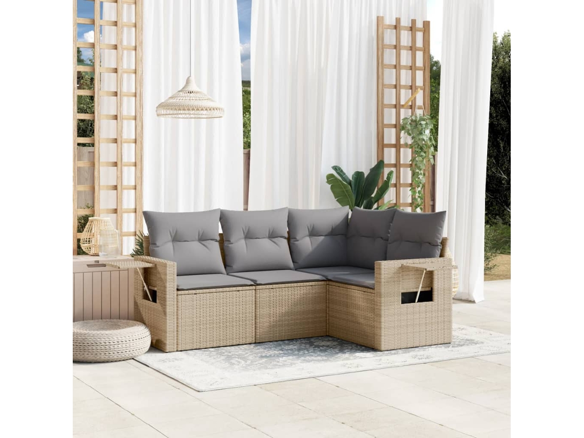 Vidaxl 4 Pcs Conjunto De Sofás Para Jardim C/ Almofadões Vime Pe Bege
