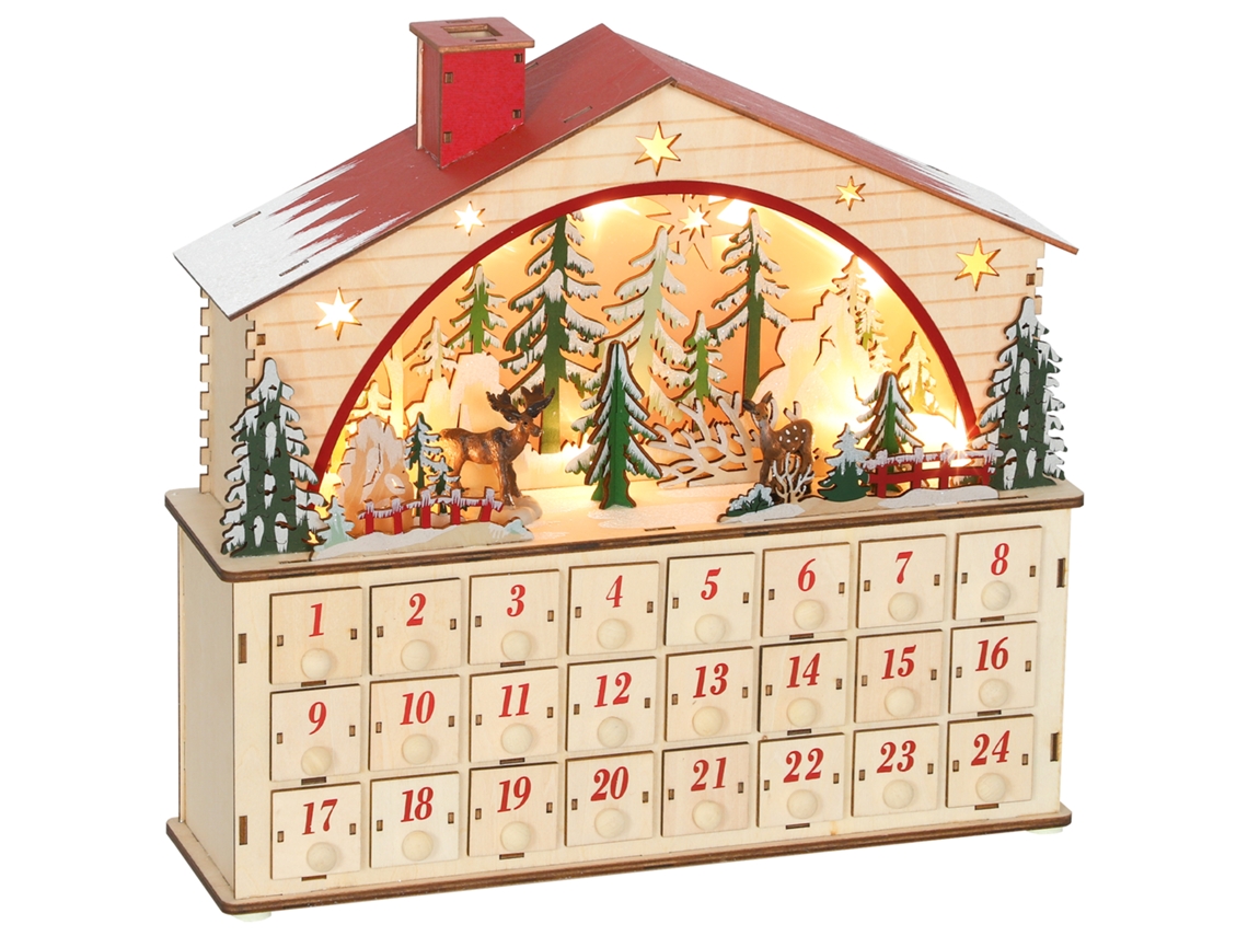 Calendário Do Advento Para Preencher, Com 24 Gavetas E Compartimentos, De Natal Com Luzes Led, Madeira Natural, 36 X 10 X 34 Cm