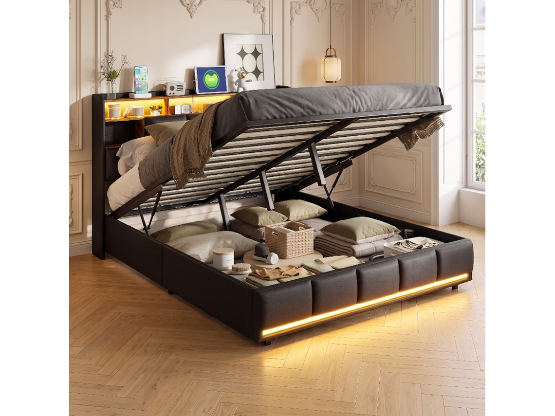 Cama De Casal 160x200 Em Pu Preto Com Coffre A Gás, Led, Usb, Efeito Flottant, Luxo Moderno Italiano, Pequeno Apartamento