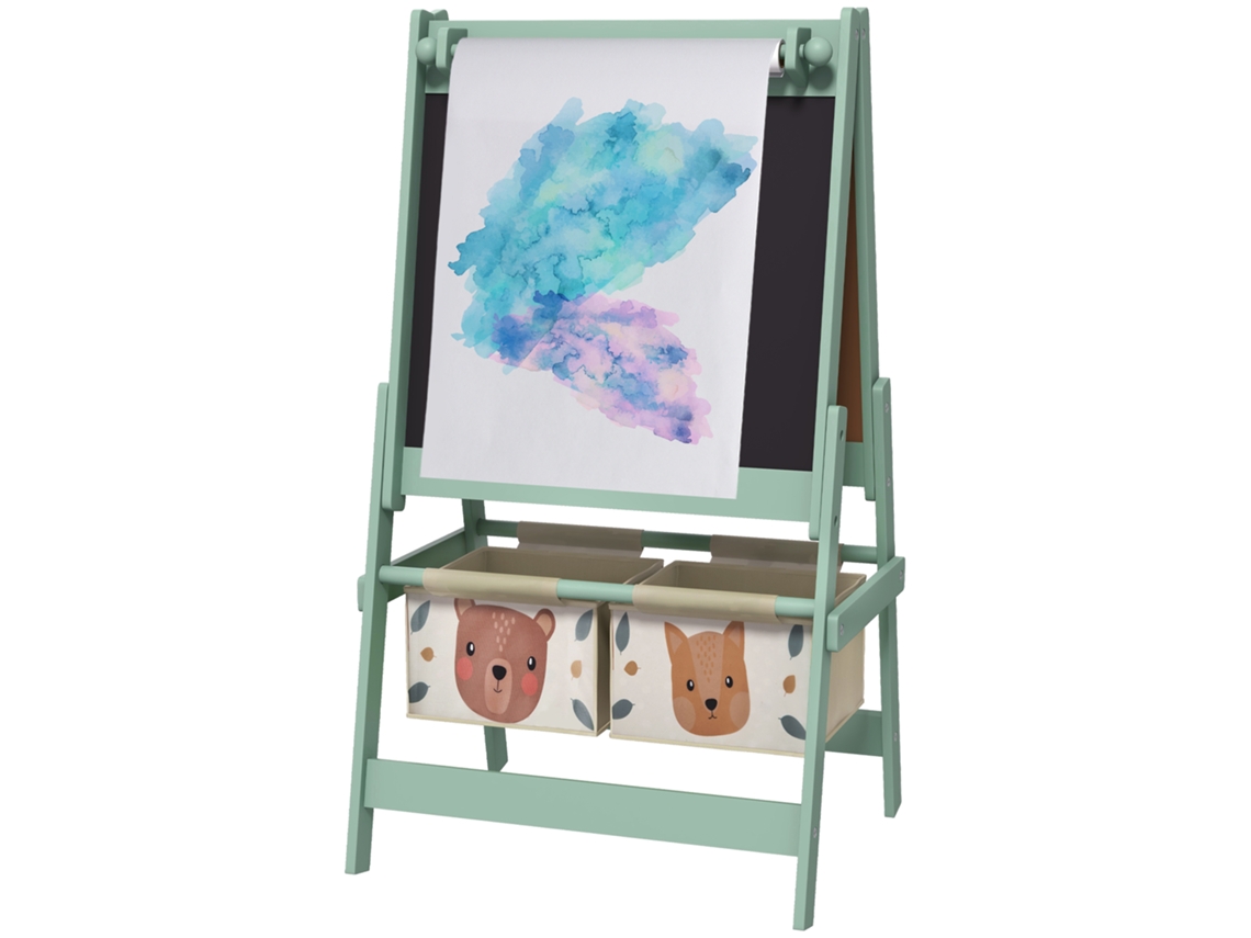 Cavalete Para Crianças 3 Em 1 De Arte Com Rolo De Papel Quadro E 2 Cestas De Armazenamento 54x46,5x93 Cm Verde