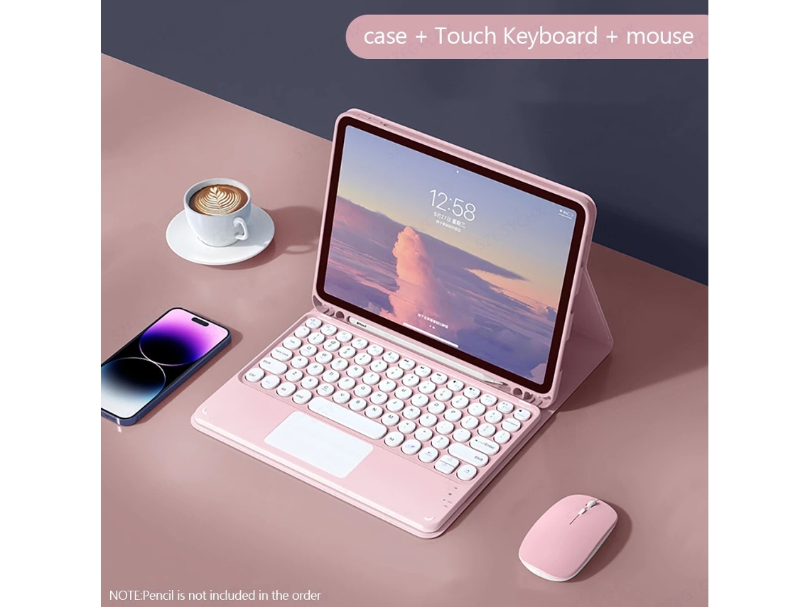 Capa Com Teclado Para Tablet Samsung S7 Plus T970/t975 De 12,4 Polegadas (com Teclado Grande De 12 Polegadas) Em Rosa Elegante Com Tampa Redonda E Tec