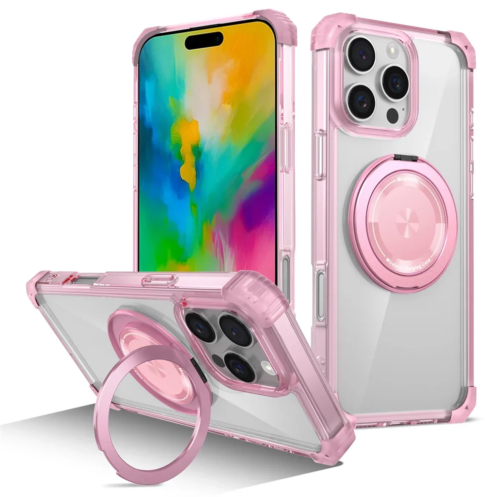 (rosa, Iphone 13 Pro Max) Capa Magnética Para Celular Com Carregamento Sem Fio E Suporte Giratório Invisível Transparente.