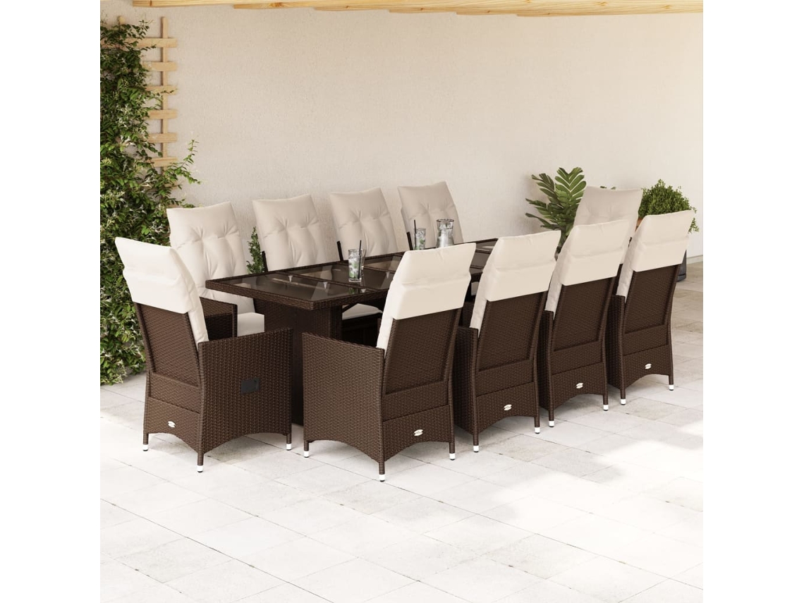 Vidaxl 11 Pcs Conj. de Bistrô P/ Jardim C/ Almofadões Vime Pe Castanho