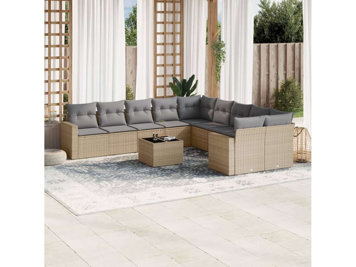 Vidaxl 11 Pcs Conjunto Sofás De Jardim C/ Almofadões Vime Pe Bege