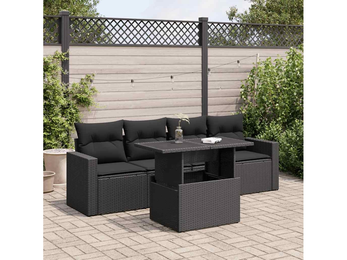 Vidaxl 5 Pcs Conjunto Sofás De Jardim Com Almofadões Vime Pe Preto