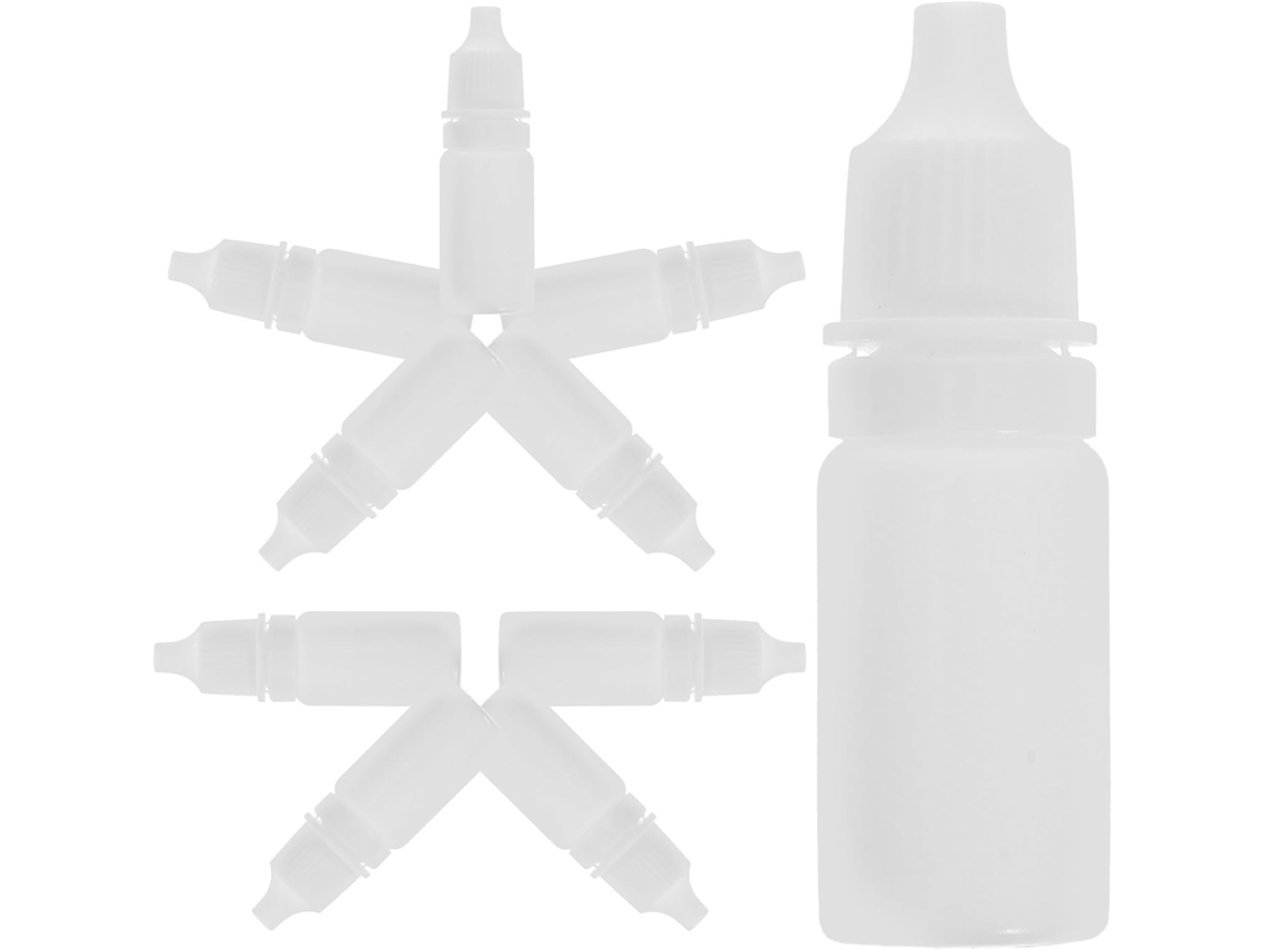 Pacote com 10 frascos conta-gotas recarregáveis de plástico branco de 10 ml com tampas.