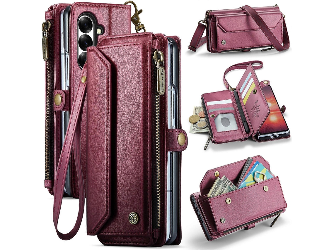 Capa De Couro Para Samsung Galaxy Z Fold7 5g Caseme C36 Com Zíper E 10 Compartimentos Para Cartões, Capa Com Alças, Vermelha