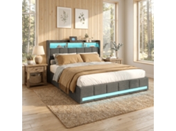 Cama Estofada de Casal 180x200 Cm com Portas Usb C, Estrutura de Cama com 4 Gavetas Inferiores, Iluminação Led e Cabeceira, Cinza RESETIZE