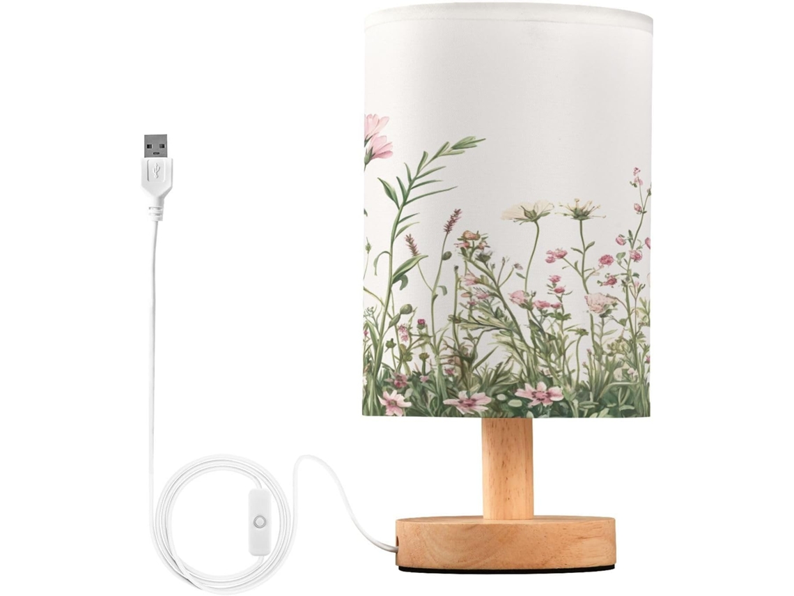 Abajur De Cabeceira Com Estampa Flor de Primavera, Suportes de Carga USB C, Luminária de Mesa Cabeceira