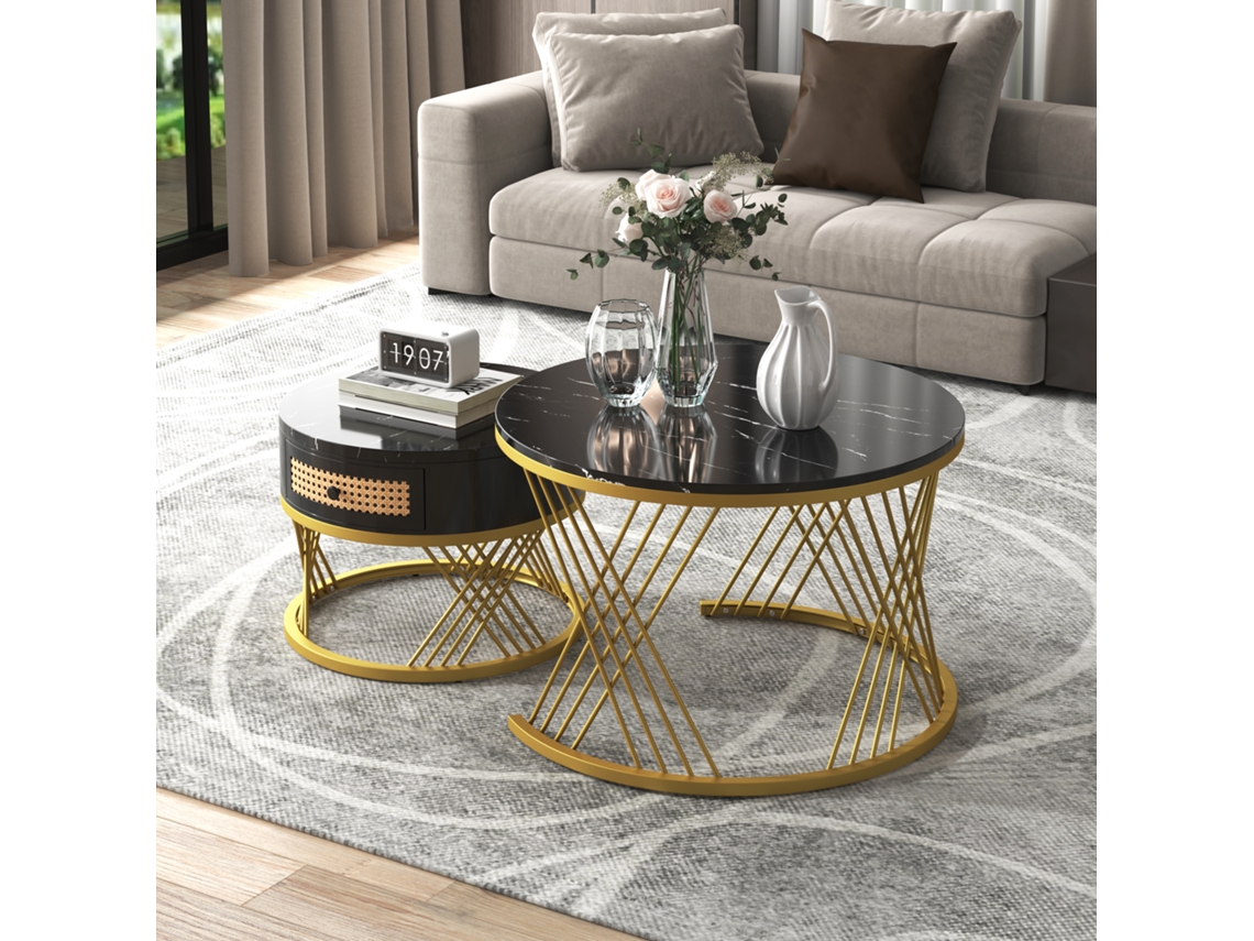 Mesa Redonda 2 Em 1 Mdf, Tampo Mármore, Gavetas Rattan, Puxadores Madeira. Pés Ferro Dourados. 70x70x45,5 + 50x50x38,5 Cm.