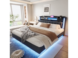 Cama Suspensa Linho Cinza 160x200 Com Led Usb E Cabeceira Moderna