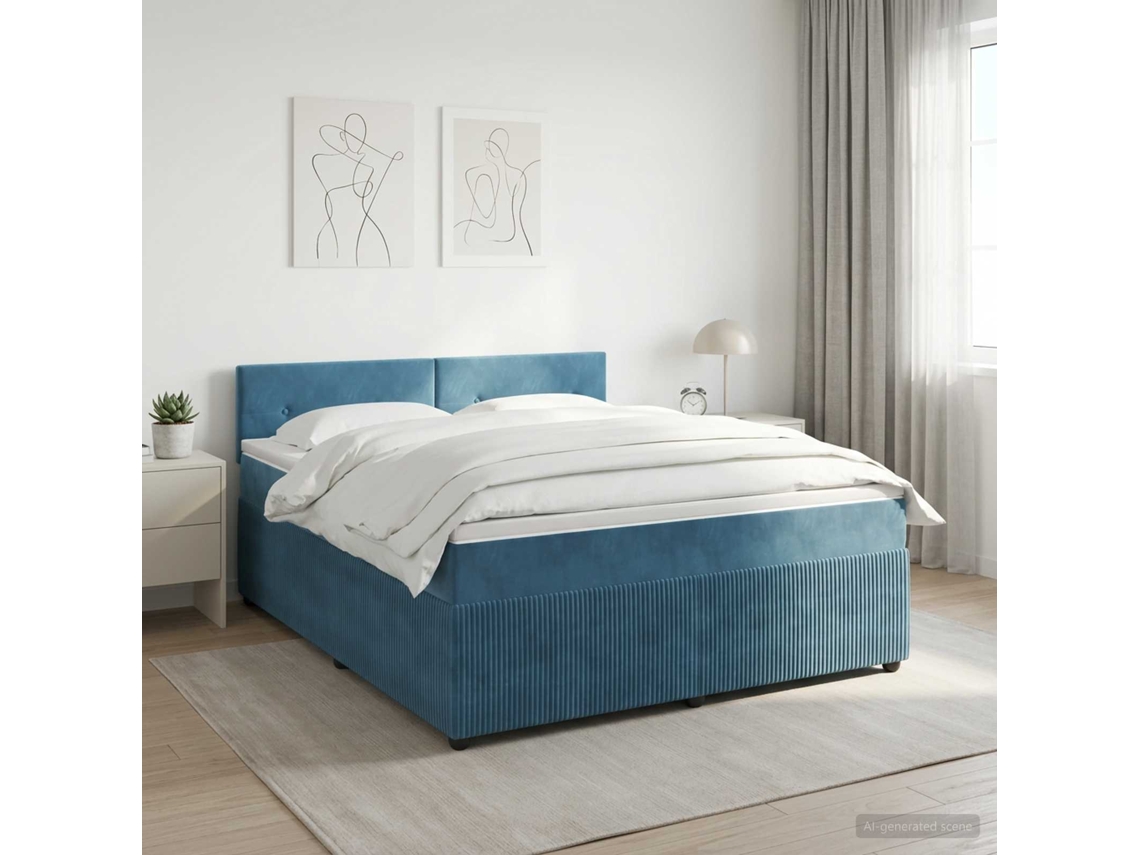 Vidaxl Cama Box Spring Com Colchão Azul Escuro 140 X 190 Cm Veludo
