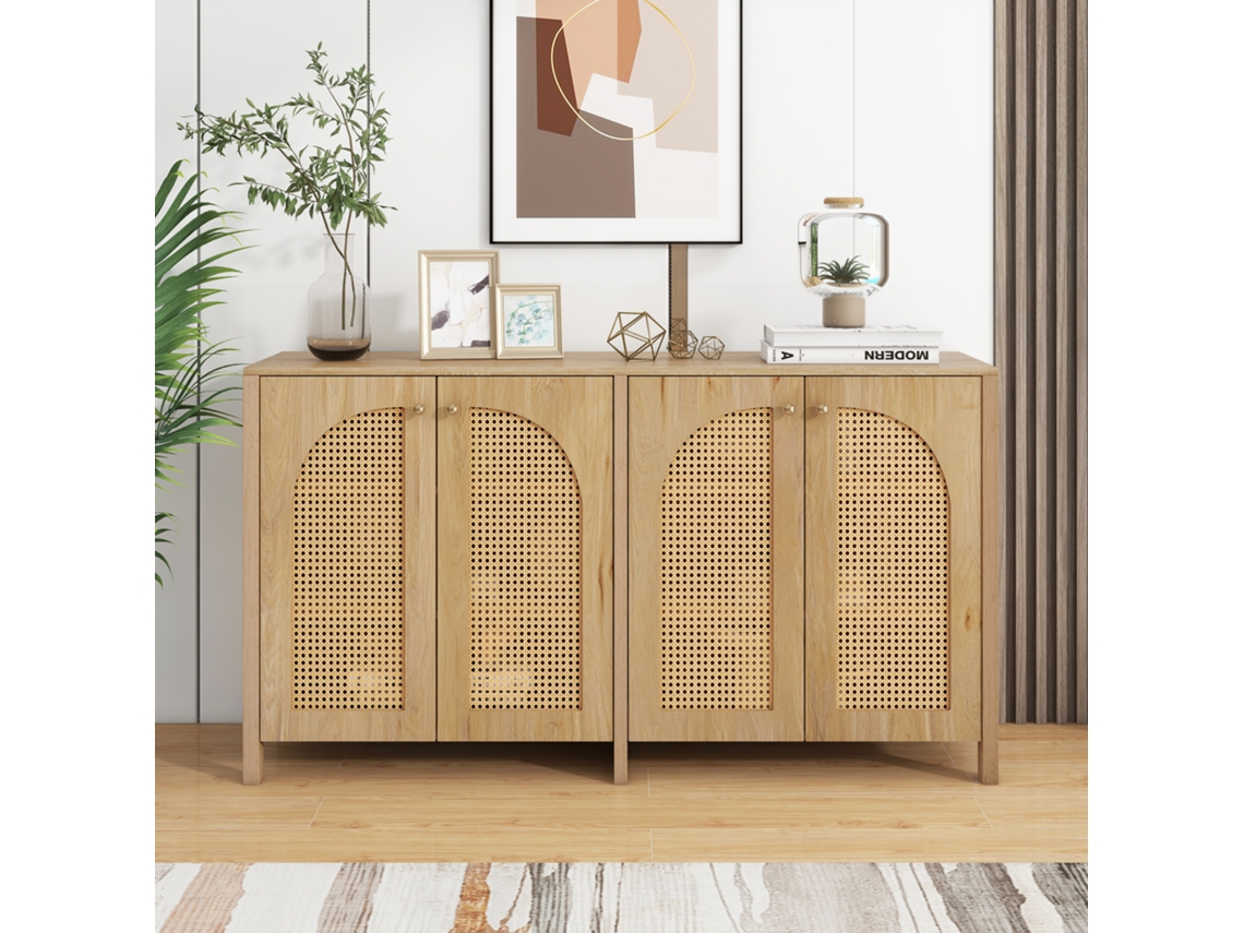 Buffet Minimalista Quatro Portas Em Vime, Punho Metálico Acabamento Madeira Natural Multifunções