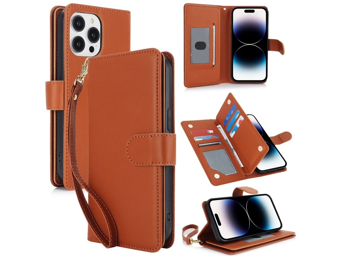 Capa Carteira De Couro Para Iphone 14 Pro - Com Rfid - Para Vários Cartões