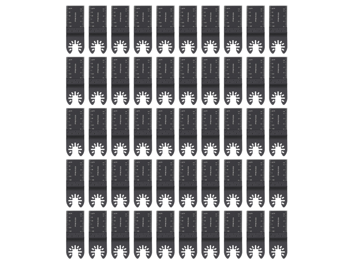 50 lâminas de serra oscilantes, largura do dente de 34 mm, comprimento de 90 mm, aço de alto carbono, lâmina multifuncional para madeira, plástico e metais macios.