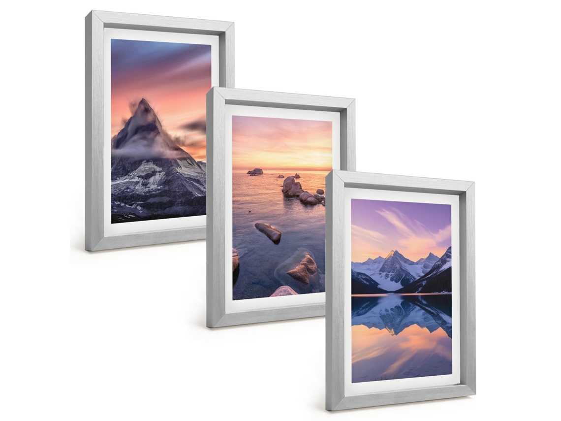 Pinturas Murais Modernaspaisagem De Montanha, Lago, Pôr Do Sol Moldura Prateada Fotos Para O Corredor Espelharte (3 Peças 20x30 Cm)