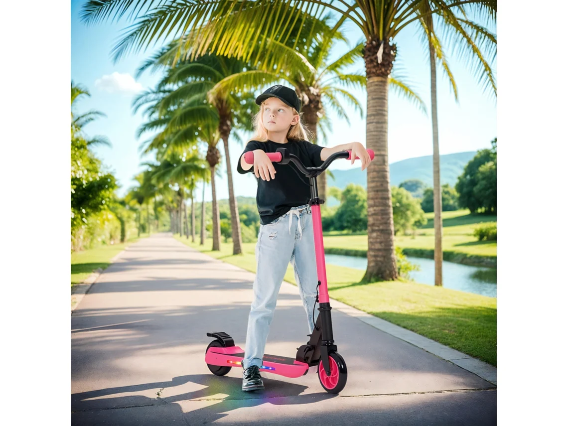 Patinete elétrico dobrável para crianças a partir de 6 anos, motor de 120 W, autonomia de 6 km, velocidade máxima de 10 km/h, rodas de 5" a 5,5", altura ajustável, rosa.