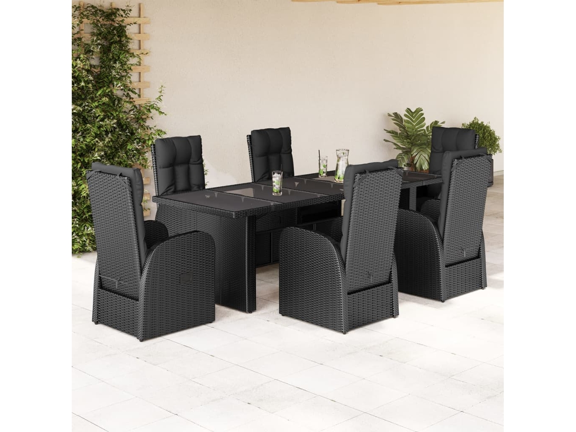 Vidaxl 7 Pcs Conjunto De Jantar P/ Jardim C/ Almofadões Vime Pe Preto