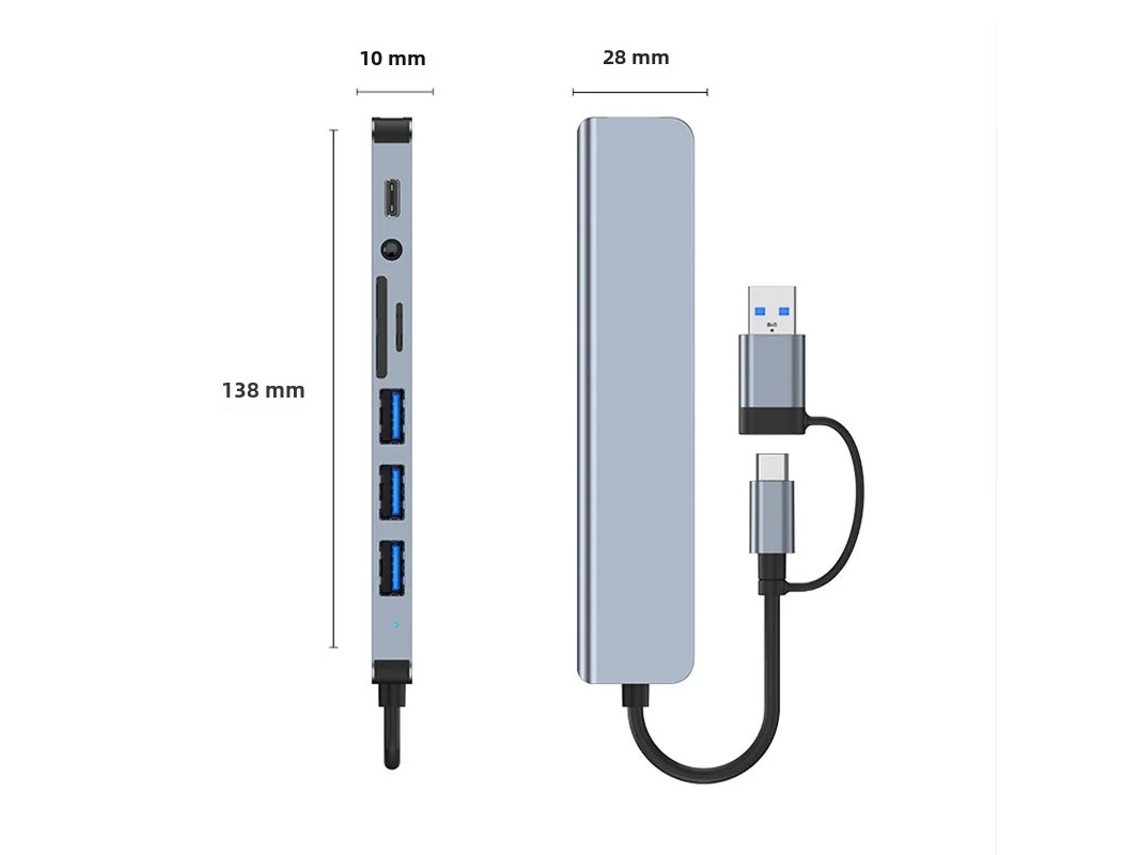 Hub Usb 3.0 8 Em 1, Adaptador Multiplataforma, Divisor De Dock Usb-c