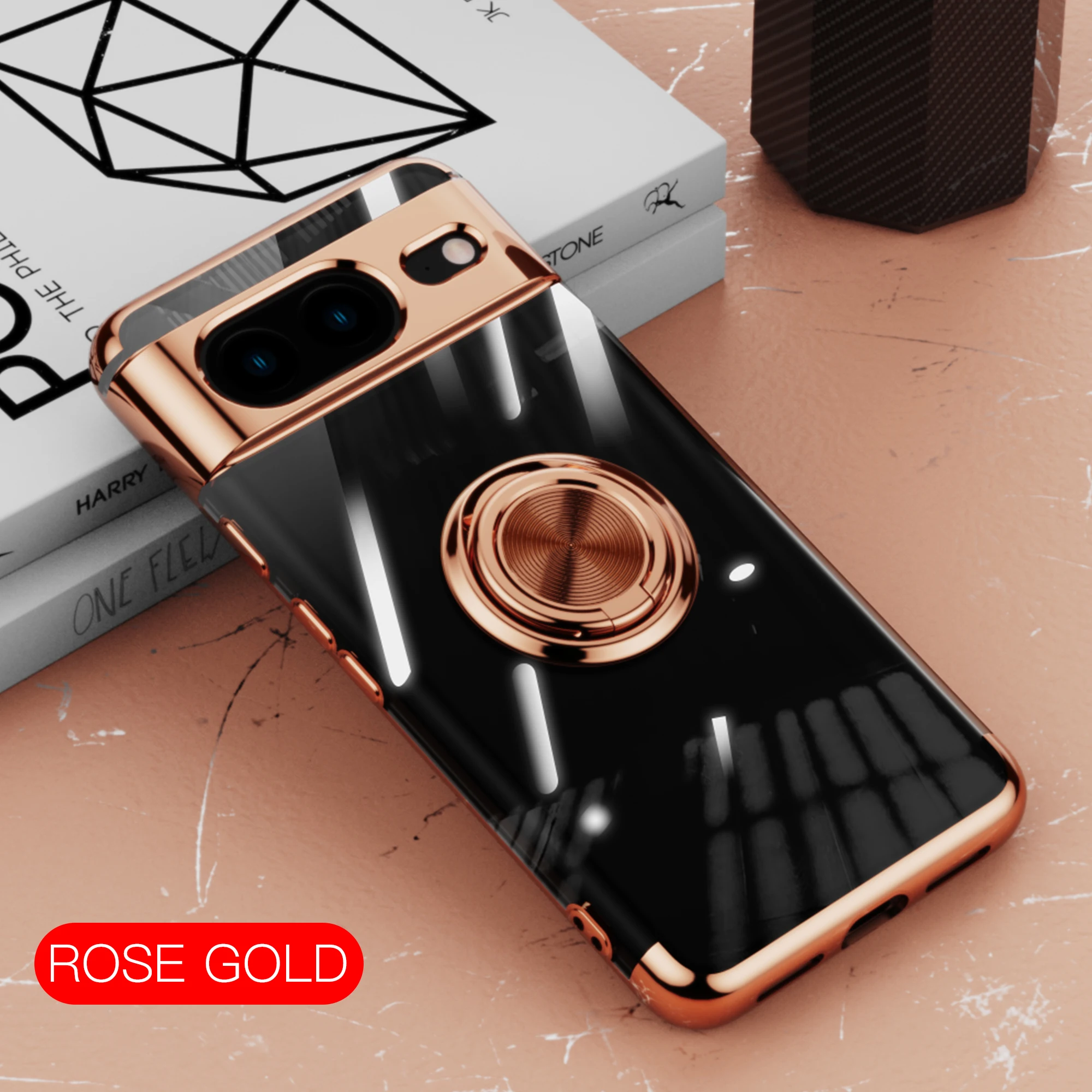 (ouro Rosa, Google Pixel 7a) Capa Transparente Ultrafina Com Revestimento Eletroplástico E Suporte De Anel De Metal À Prova De Choque.