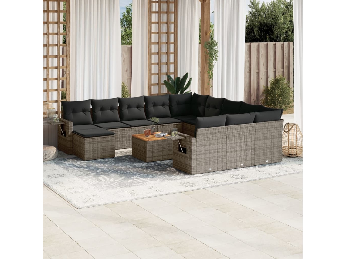 Jogo 13 Peças Sofás P/ Jardim C/ Almofadões Vime Pe Cinza Dkd Home Decor
