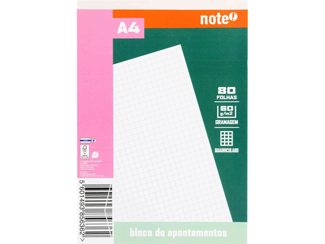 Bloco Apontamentos A4 Quadriculado Note!