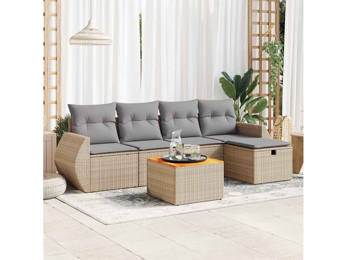 Vidaxl 6 Pcs Conjunto De Sofás P/ Jardim Com Almofadões Vime Pe Bege