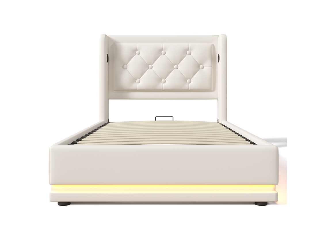 Cama de Solteiro Estofada 90x200 Cm Pu Branco com Armazenamento Hidráulico, cabeceira com Usb Tipo C e Led, Colchão Não Incluído PAPRIKA