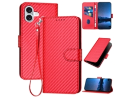 Capa De Couro Para Iphone 16 Plus - Fivela Em Fibra De Carbono - Com Cordão