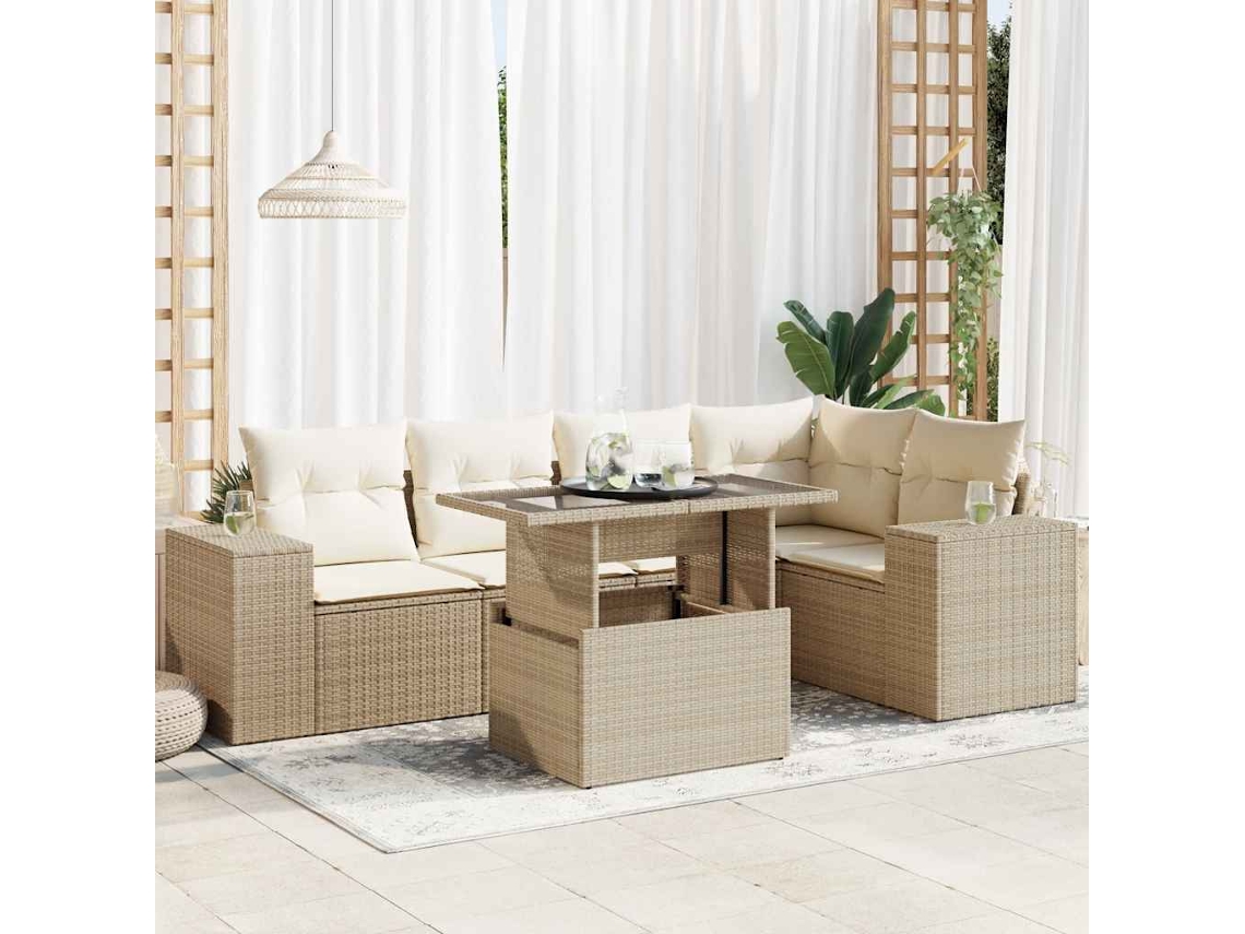 Vidaxl 6 Pcs Conjunto De Sofás P/ Jardim Com Almofadões Vime Pe Bege