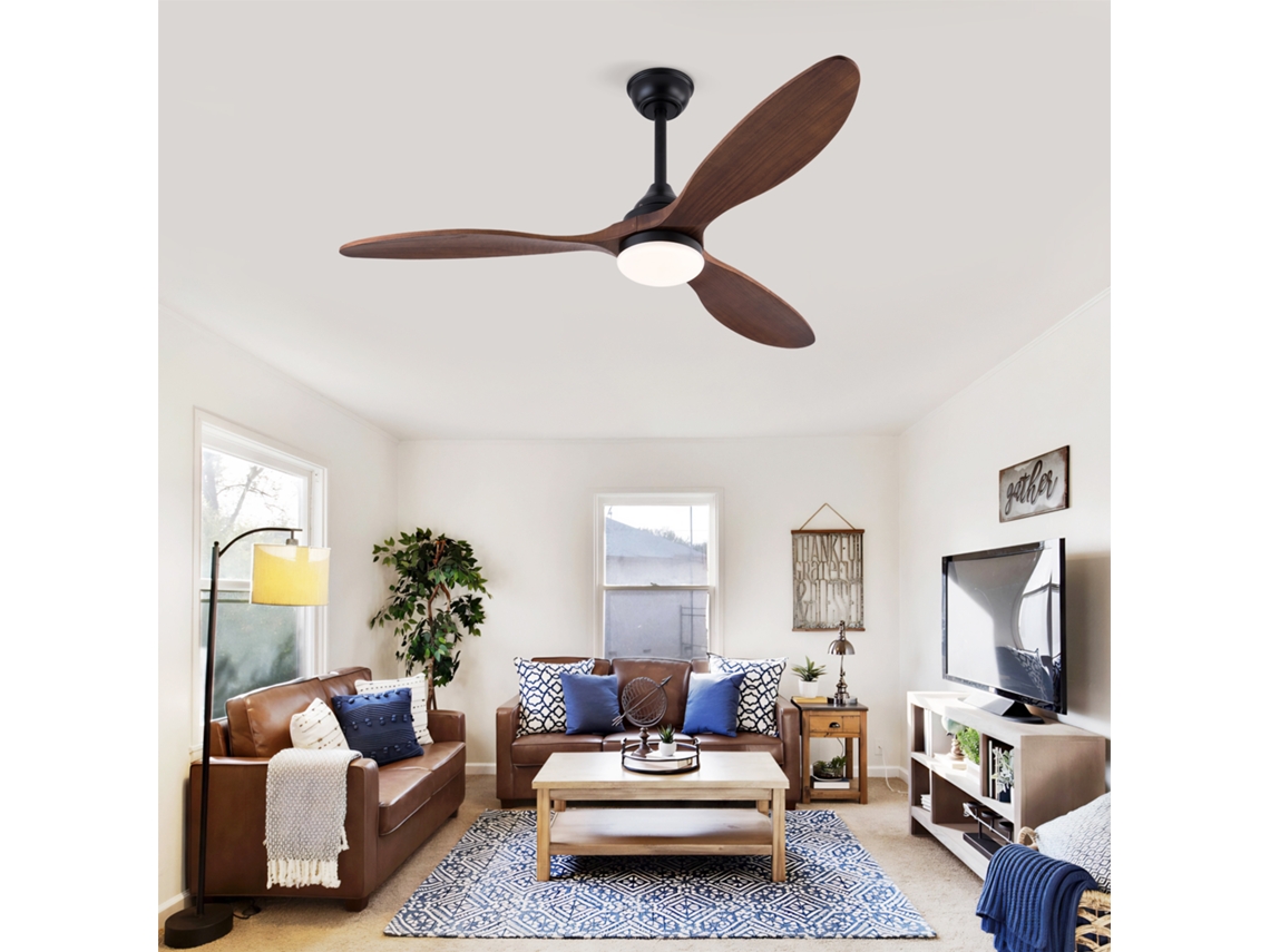 Ventilador Teto 52" Preto Luz 3 Pás Madeira Maciça VOLTEDGE