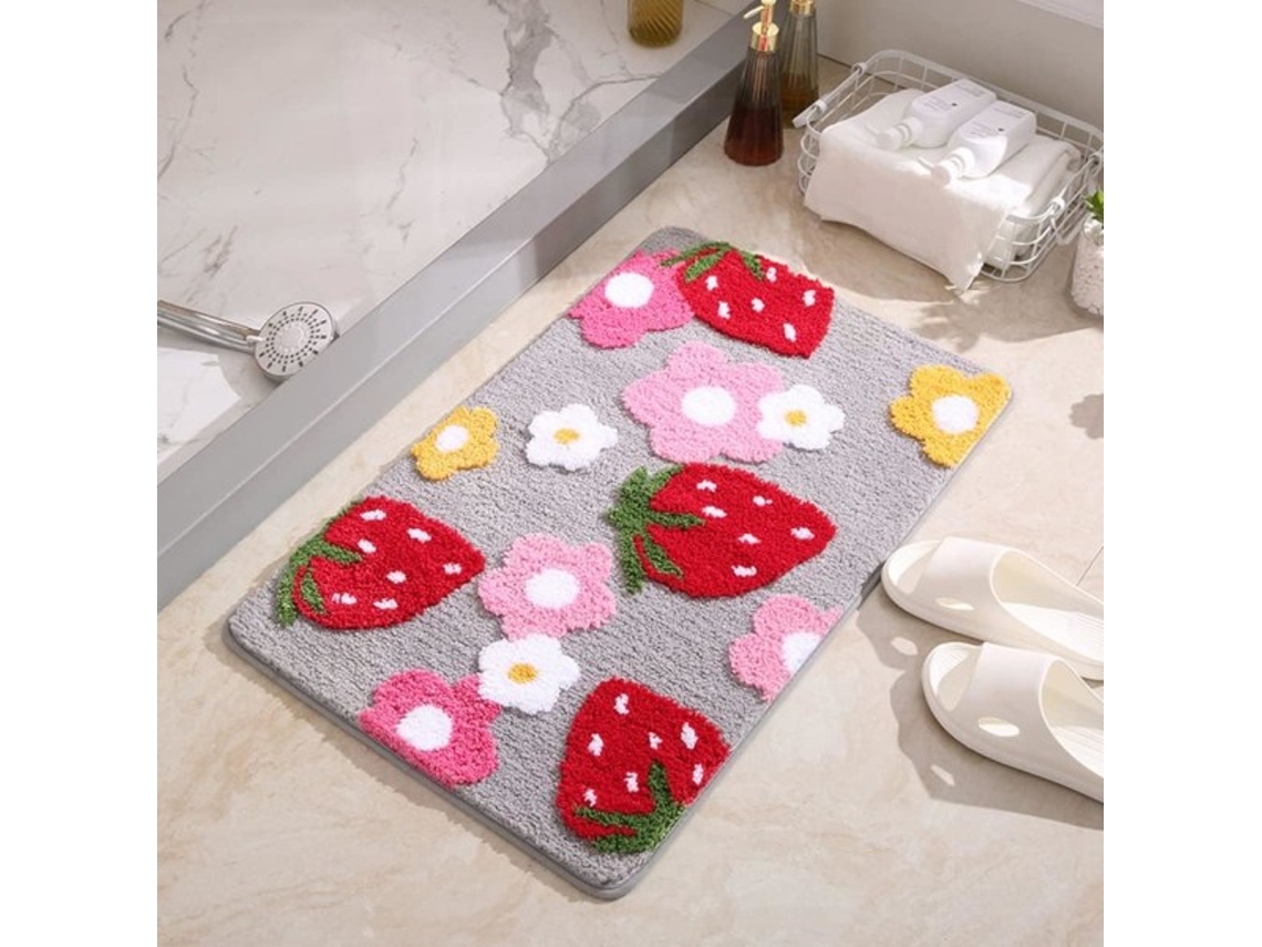 Tapete Morango 40x60 Cm Peludo Cinza Macio Lavável Antiderrapante