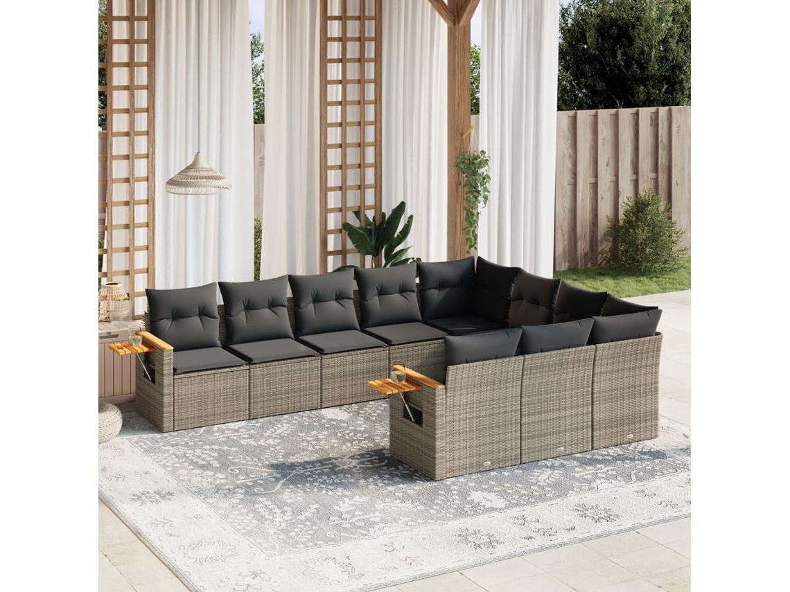Vidaxl 10 Pcs Conjunto Sofás De Jardim C/ Almofadões Vime Pe Cinzento