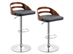 Conjunto com 2 Banquetas de Bar Pretas, Assento Ajustável e Giratório 360°, Estofamento Sintético, Encosto Vazado e Detalhe em Madeira. PONTOCASA