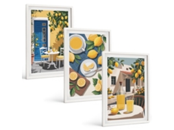 Pinturas Murais Modernas Limonada, Pátio, Sol Moldura Branca Imagens Para Um Quarto Infantil Espelharte (3 Piezas De 40x60 Cm)