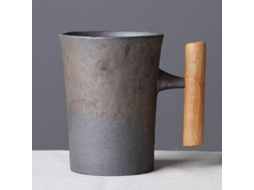 Caneca vintage japonesa de cerâmica com alça de madeira, modelo 2026, ideal para café e chá em casa e no escritório, cor cinza.
