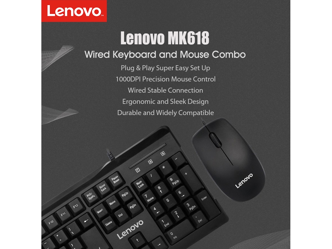 Aetheria combo Teclado e Mouse com Fio Lenovo Mk618 Ergonômico Full Size 1000dpi Usb para Pc/notebook