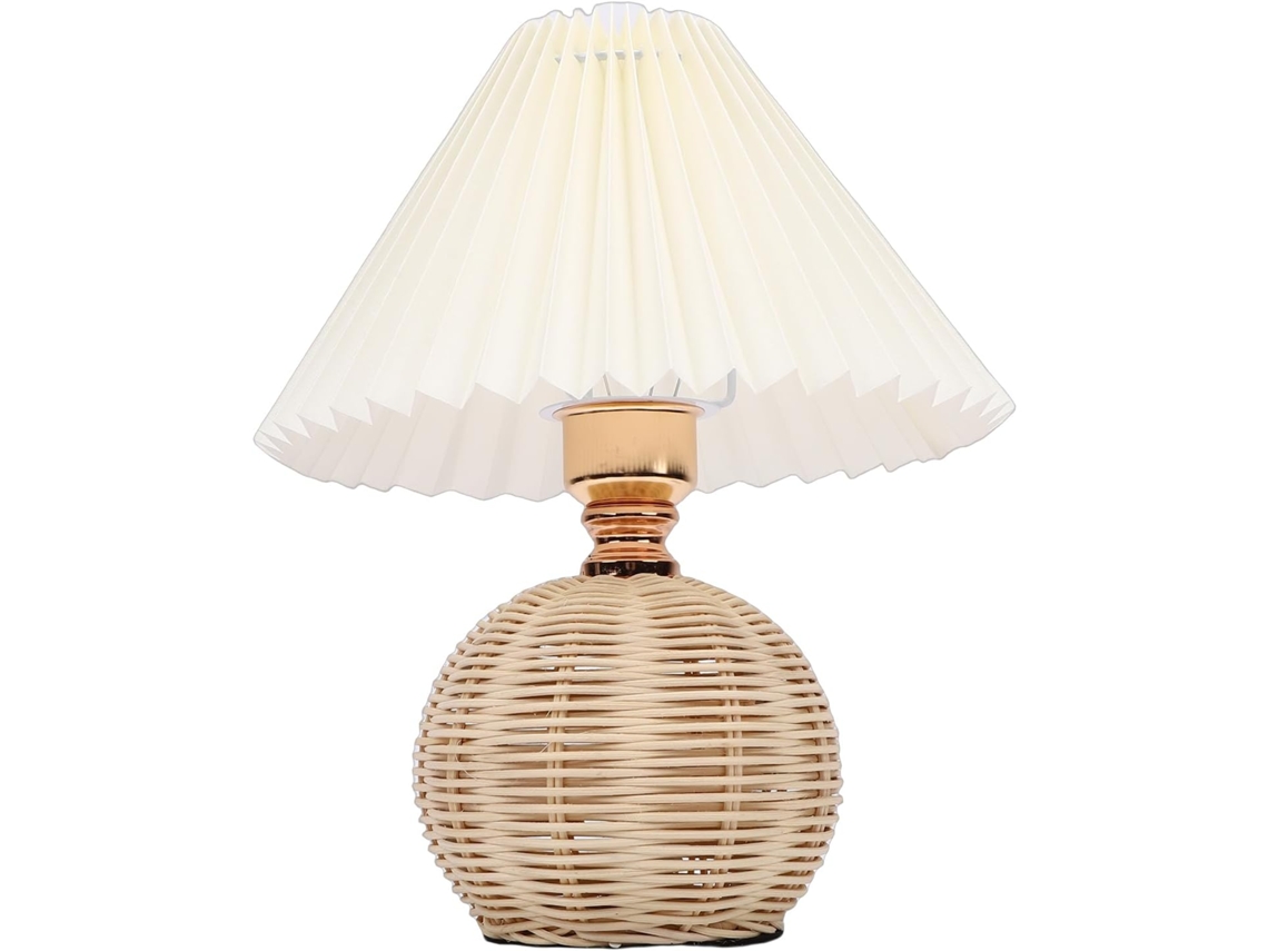 Abajur De Mesa Plissado Vgeby, Com Cúpula Em Linho Natural E Base Rattan, 30cm De Altura, Ideal Para Escritório, Sala De