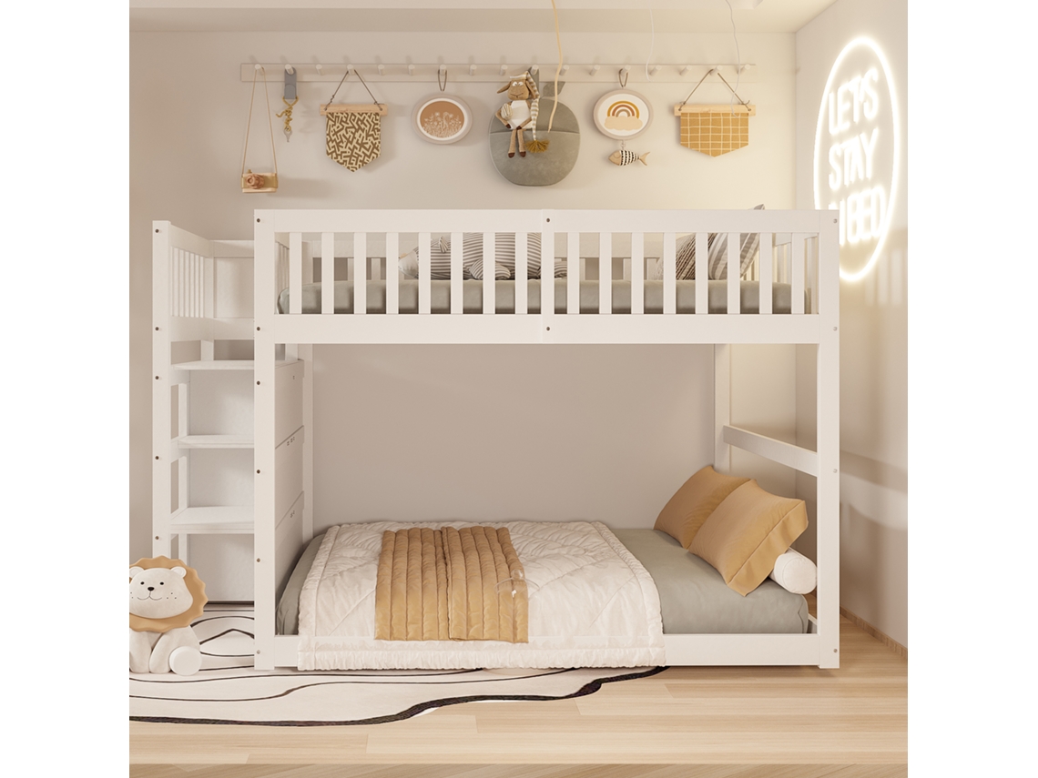 Cama Beliche Baixa 140x200cm Barreira Alta, Espaço De Arrumação, Madeira, Branco Mobrio