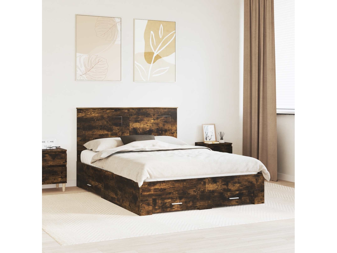 Vidaxl Estrutura Da Cama Com Gaveta Carvalho Defumado 140 X 190 Cm