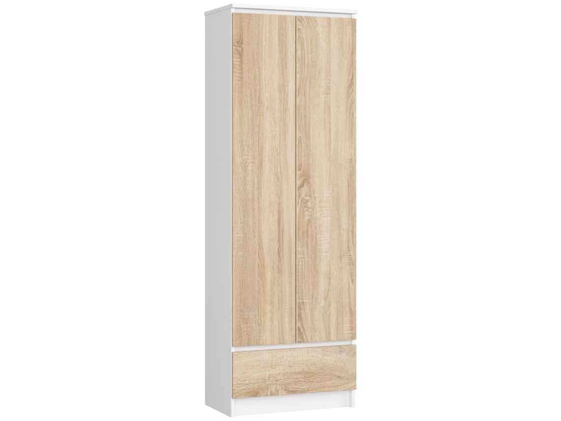 Estante Akord R60 Branco, 60 Cm, 2 Portas, 1 Gaveta, Frente Na Cor Carvalho Sonoma, 4 Prateleiras, 60 × 35 × 180 Cm